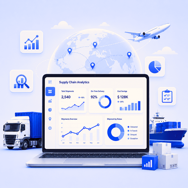 Graphic illustrating the role of supply chain analytics in transforming operational data into actionable insights.